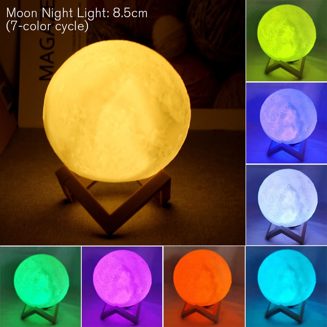 8cm Moon Lamp LED Night Light - Starry Lamp Bedroom Decor with Wooden Stand for Kids Gift